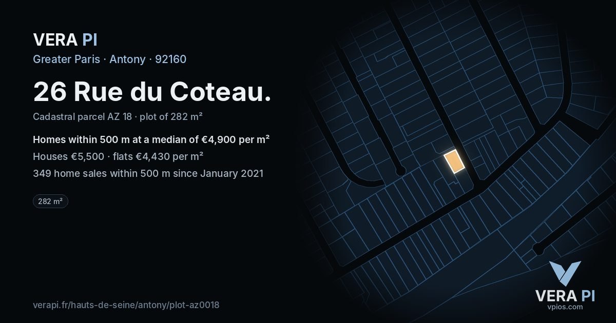 26 Rue du Coteau, Antony at night – the plot lit, the parcels around coloured by the prices near them