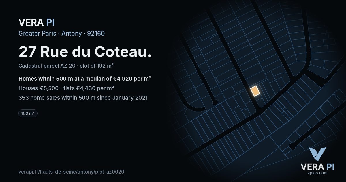 27 Rue du Coteau, Antony at night – the plot lit, the parcels around coloured by the prices near them