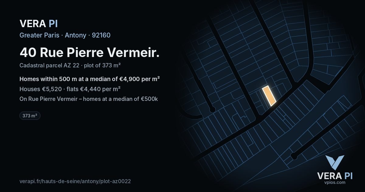 40 Rue Pierre Vermeir, Antony at night – the plot lit, the parcels around coloured by the prices near them