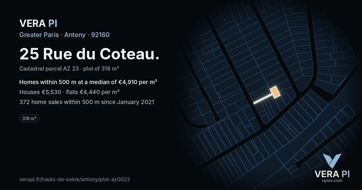 25 Rue du Coteau, Antony at night – the plot lit, the parcels around coloured by the prices near them