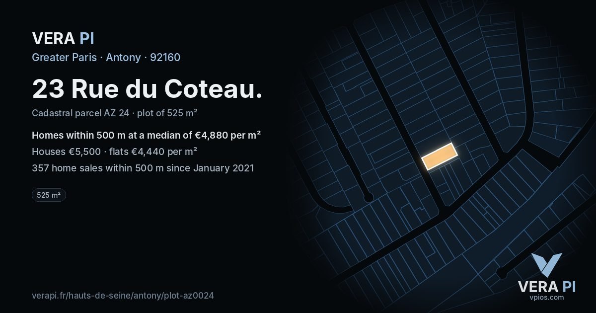 23 Rue du Coteau, Antony at night – the plot lit, the parcels around coloured by the prices near them