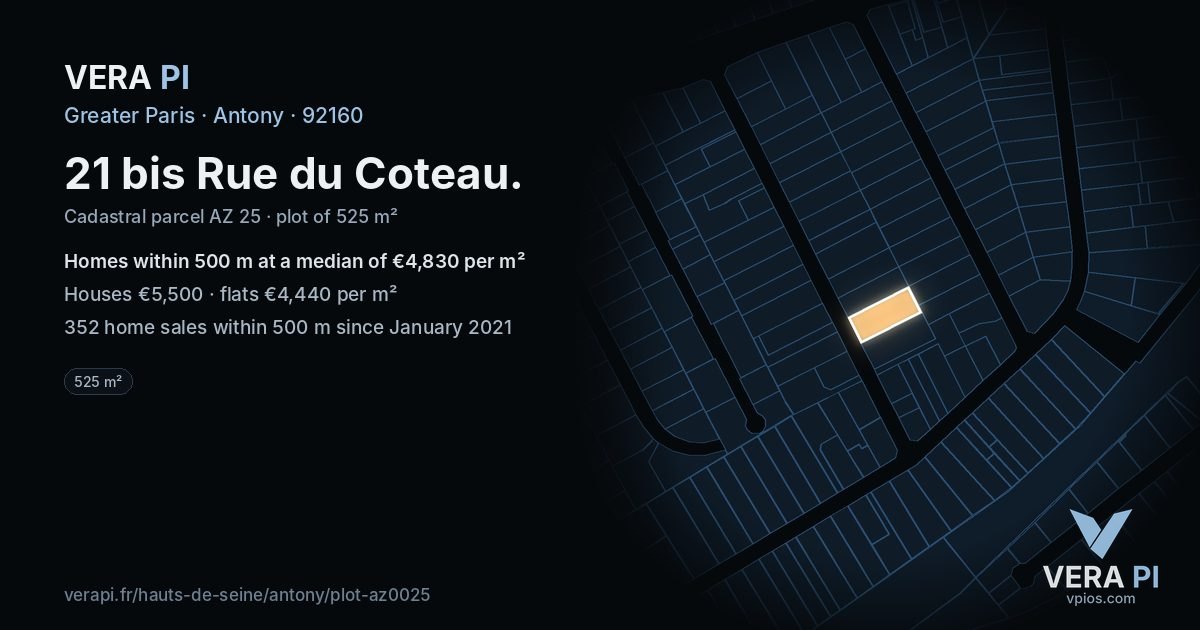 21 bis Rue du Coteau, Antony at night – the plot lit, the parcels around coloured by the prices near them