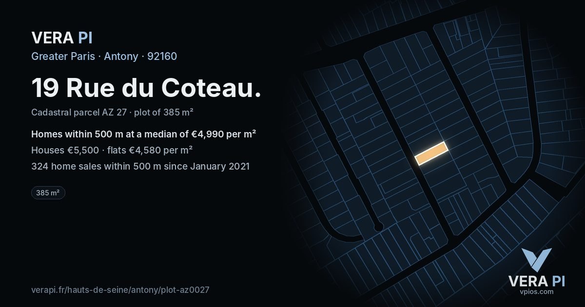 19 Rue du Coteau, Antony at night – the plot lit, the parcels around coloured by the prices near them