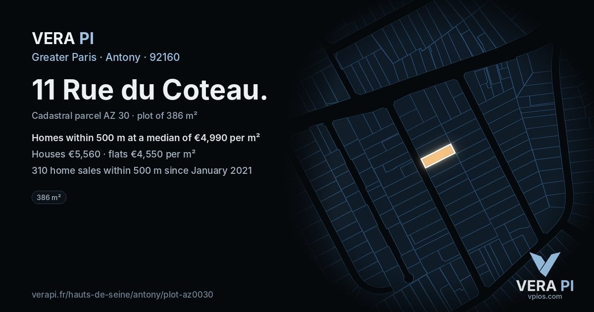 11 Rue du Coteau, Antony at night – the plot lit, the parcels around coloured by the prices near them