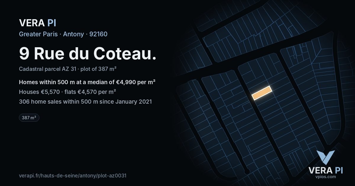 9 Rue du Coteau, Antony at night – the plot lit, the parcels around coloured by the prices near them