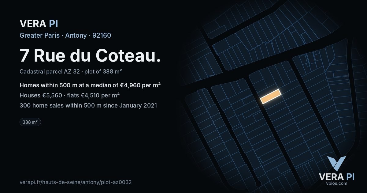 7 Rue du Coteau, Antony at night – the plot lit, the parcels around coloured by the prices near them