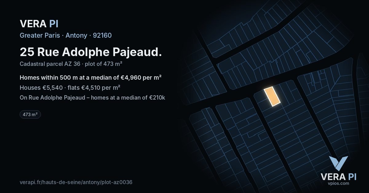 25 Rue Adolphe Pajeaud, Antony at night – the plot lit, the parcels around coloured by the prices near them