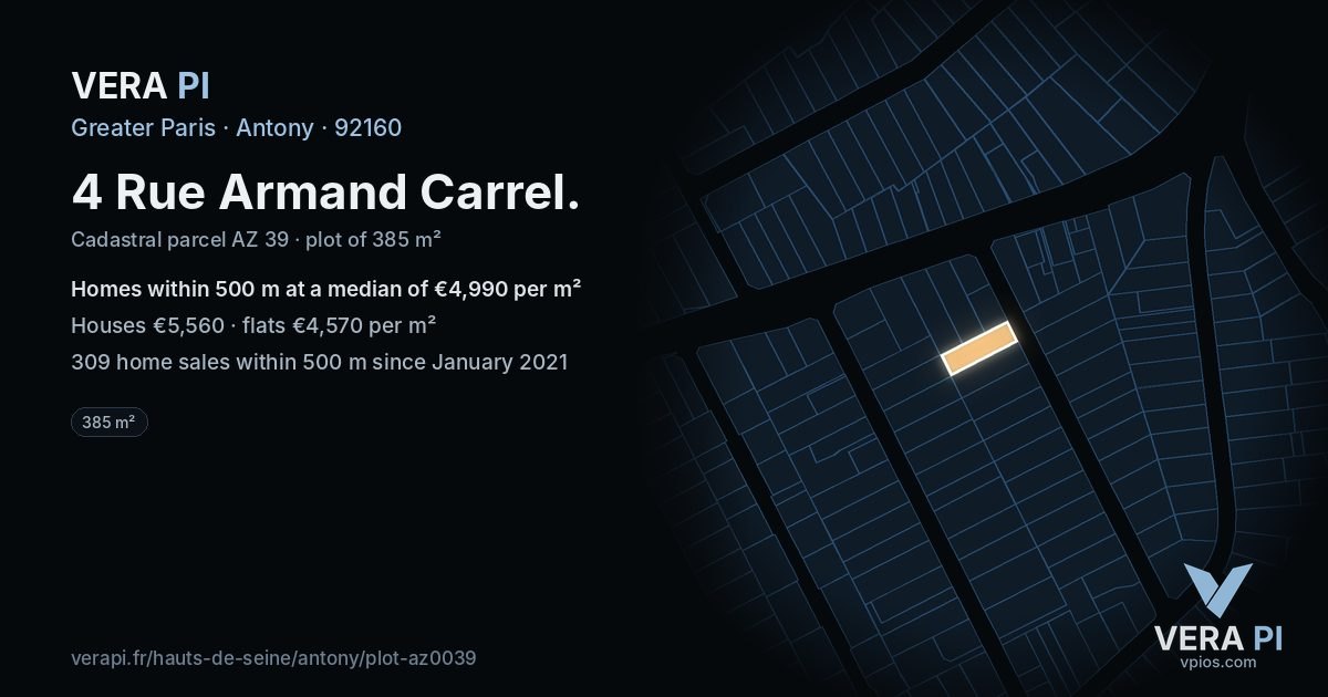 4 Rue Armand Carrel, Antony at night – the plot lit, the parcels around coloured by the prices near them