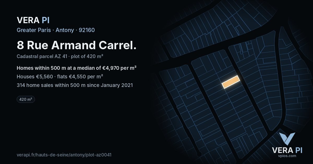 8 Rue Armand Carrel, Antony at night – the plot lit, the parcels around coloured by the prices near them