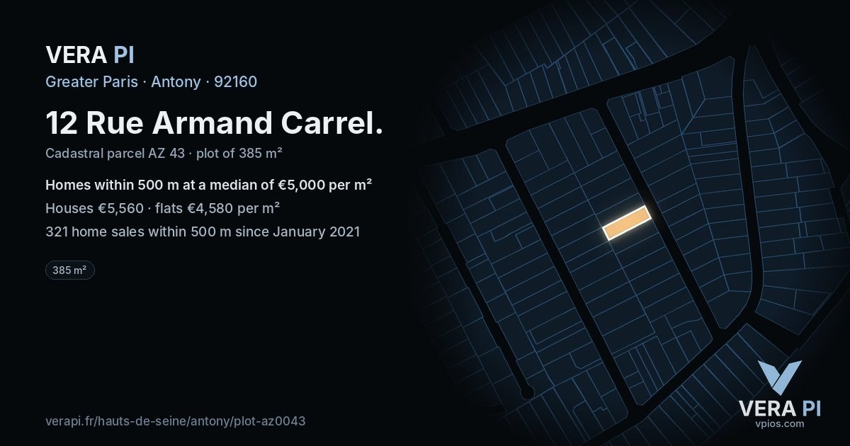12 Rue Armand Carrel, Antony at night – the plot lit, the parcels around coloured by the prices near them