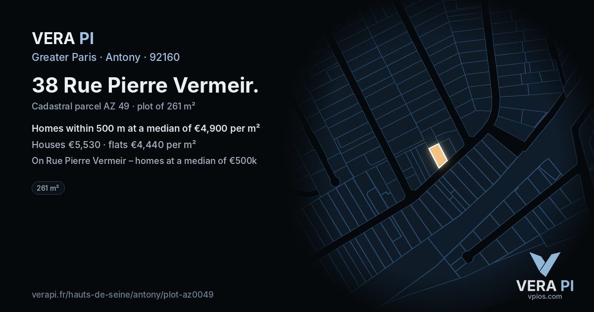 38 Rue Pierre Vermeir, Antony at night – the plot lit, the parcels around coloured by the prices near them