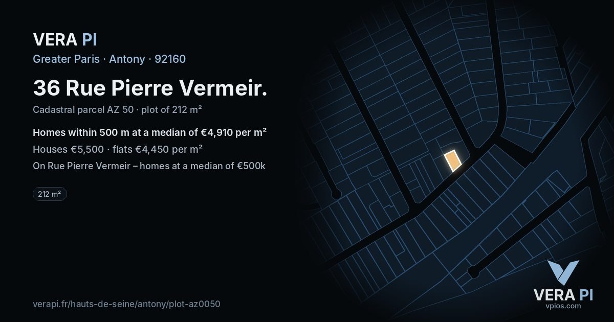 36 Rue Pierre Vermeir, Antony at night – the plot lit, the parcels around coloured by the prices near them
