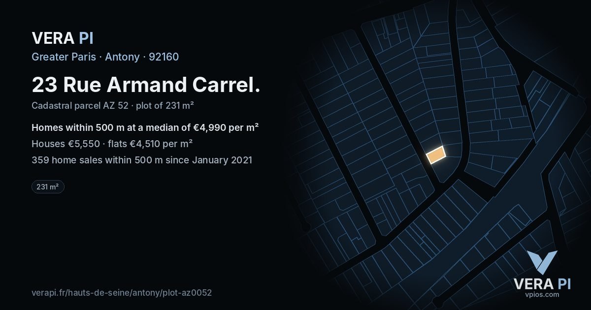 23 Rue Armand Carrel, Antony at night – the plot lit, the parcels around coloured by the prices near them
