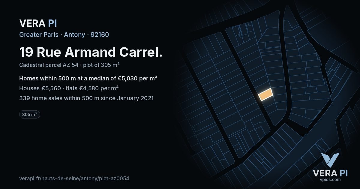 19 Rue Armand Carrel, Antony at night – the plot lit, the parcels around coloured by the prices near them