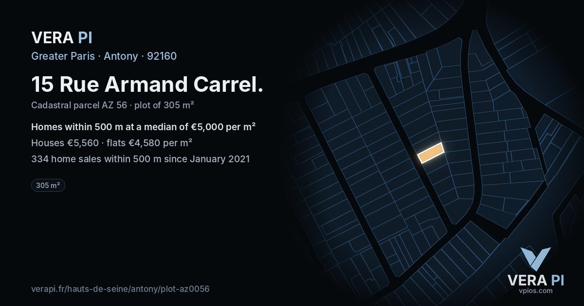15 Rue Armand Carrel, Antony at night – the plot lit, the parcels around coloured by the prices near them