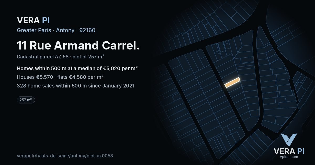 11 Rue Armand Carrel, Antony at night – the plot lit, the parcels around coloured by the prices near them