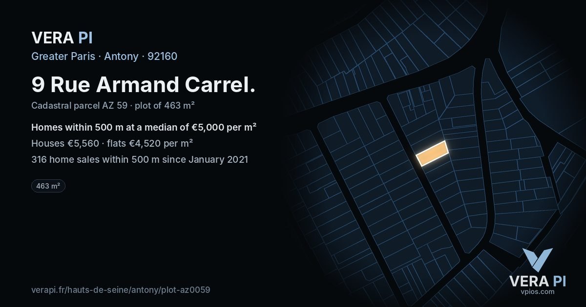 9 Rue Armand Carrel, Antony at night – the plot lit, the parcels around coloured by the prices near them