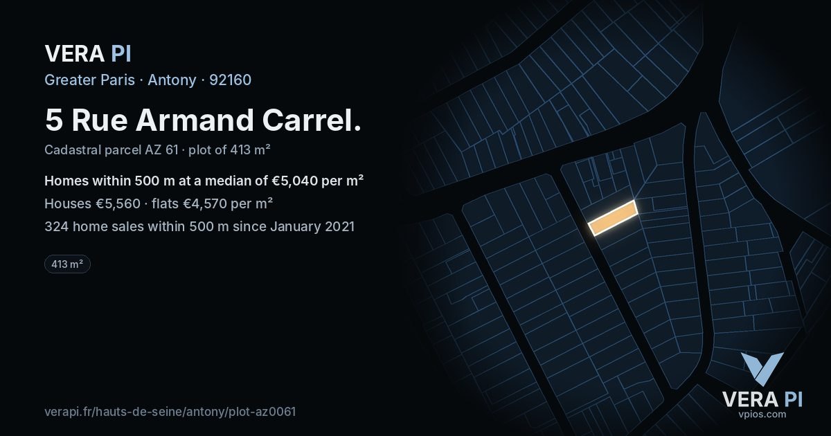 5 Rue Armand Carrel, Antony at night – the plot lit, the parcels around coloured by the prices near them