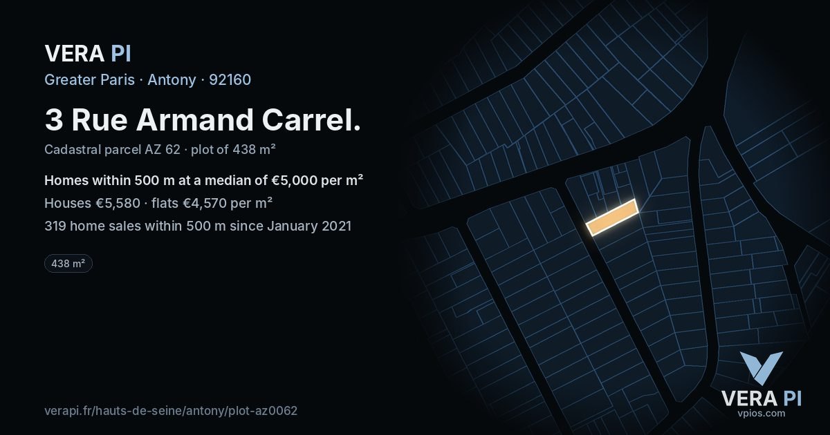 3 Rue Armand Carrel, Antony at night – the plot lit, the parcels around coloured by the prices near them