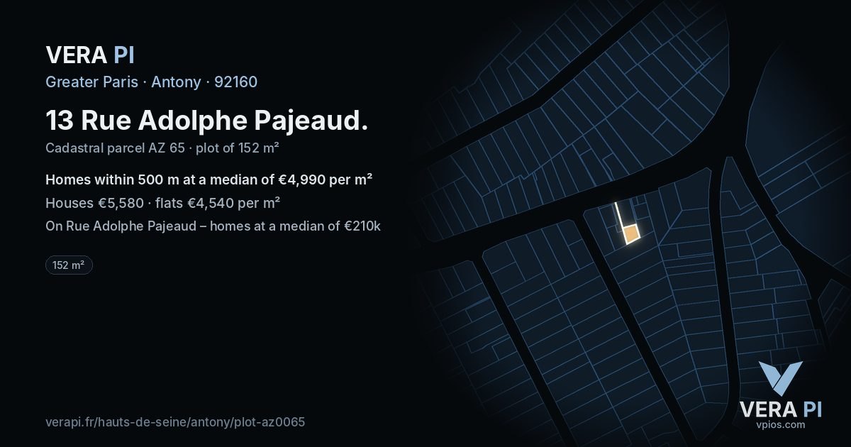 13 Rue Adolphe Pajeaud, Antony at night – the plot lit, the parcels around coloured by the prices near them