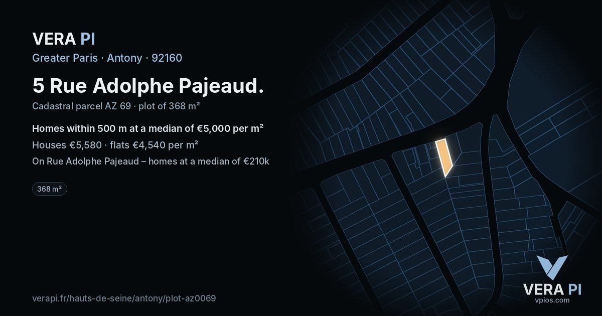 5 Rue Adolphe Pajeaud, Antony at night – the plot lit, the parcels around coloured by the prices near them
