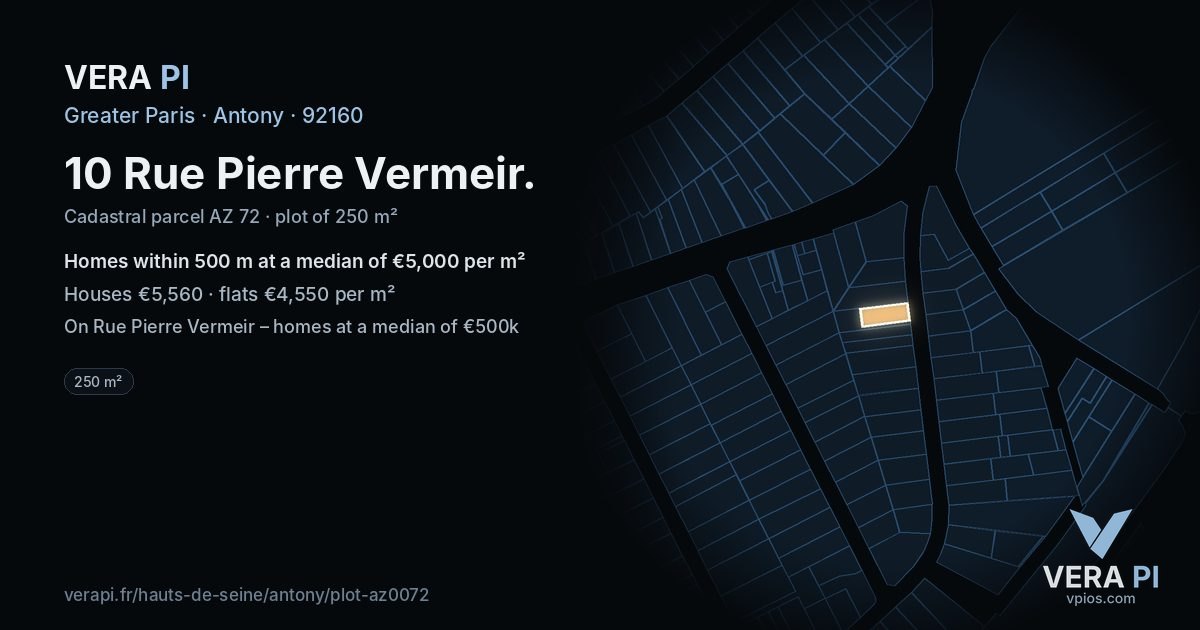 10 Rue Pierre Vermeir, Antony at night – the plot lit, the parcels around coloured by the prices near them