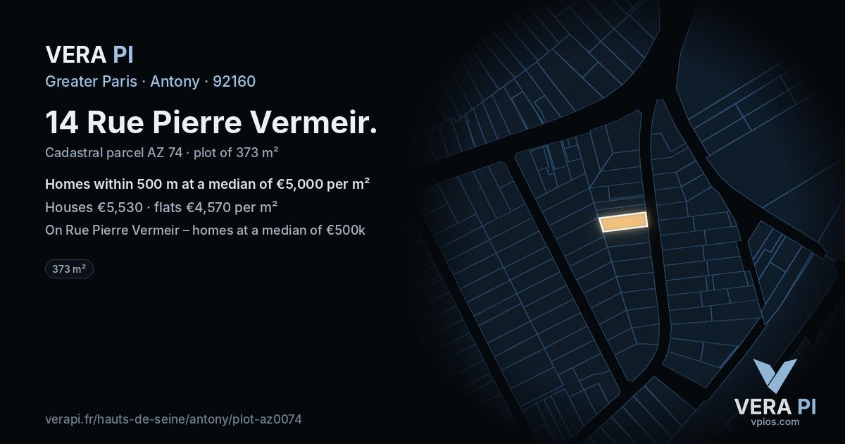 14 Rue Pierre Vermeir, Antony at night – the plot lit, the parcels around coloured by the prices near them