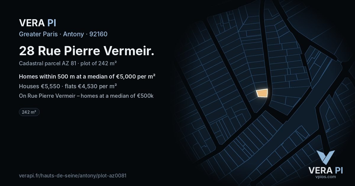 28 Rue Pierre Vermeir, Antony at night – the plot lit, the parcels around coloured by the prices near them