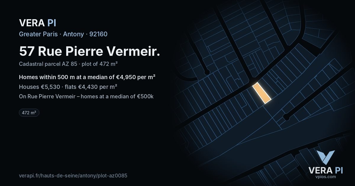 57 Rue Pierre Vermeir, Antony at night – the plot lit, the parcels around coloured by the prices near them
