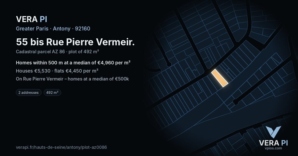 55 bis Rue Pierre Vermeir, Antony at night – the plot lit, the parcels around coloured by the prices near them