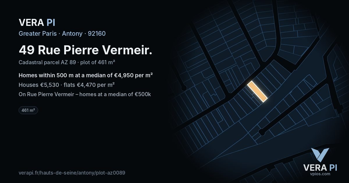 49 Rue Pierre Vermeir, Antony at night – the plot lit, the parcels around coloured by the prices near them