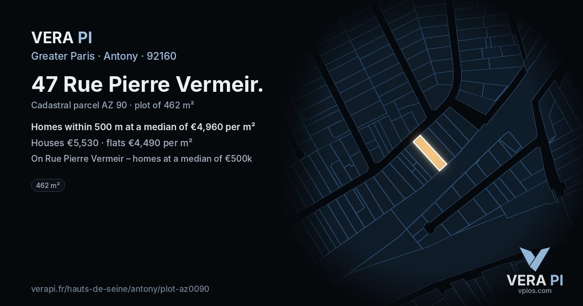 47 Rue Pierre Vermeir, Antony at night – the plot lit, the parcels around coloured by the prices near them