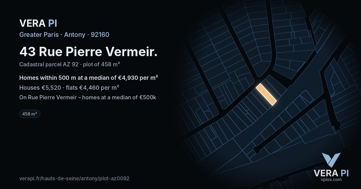 43 Rue Pierre Vermeir, Antony at night – the plot lit, the parcels around coloured by the prices near them