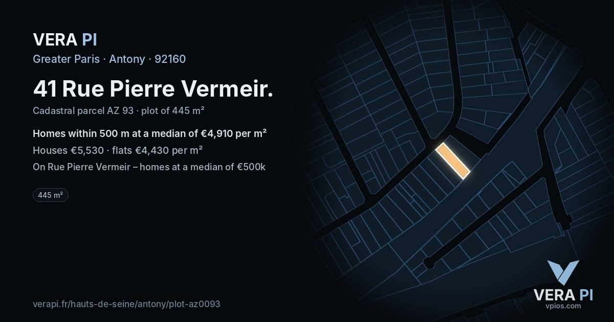 41 Rue Pierre Vermeir, Antony at night – the plot lit, the parcels around coloured by the prices near them