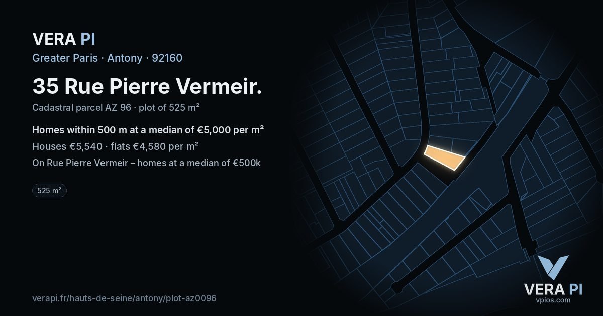 35 Rue Pierre Vermeir, Antony at night – the plot lit, the parcels around coloured by the prices near them