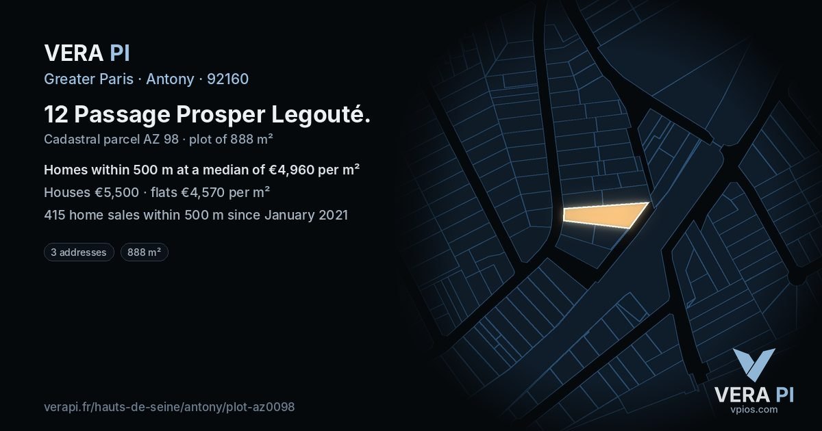12 Passage Prosper Legouté, Antony at night – the plot lit, the parcels around coloured by the prices near them