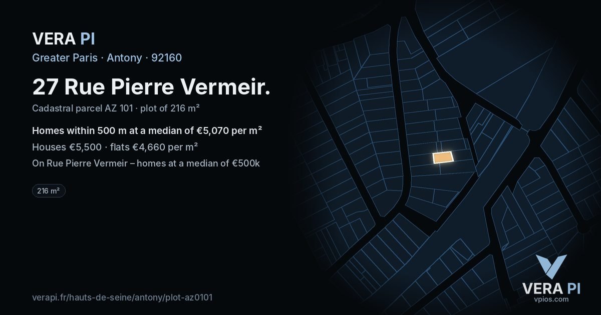 27 Rue Pierre Vermeir, Antony at night – the plot lit, the parcels around coloured by the prices near them