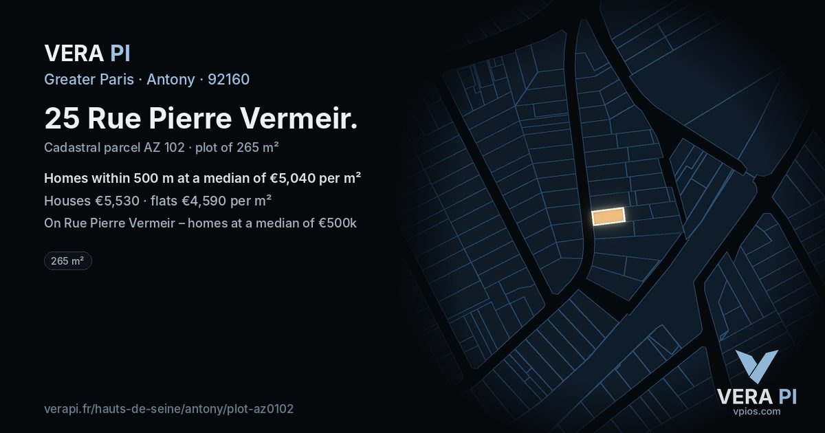 25 Rue Pierre Vermeir, Antony at night – the plot lit, the parcels around coloured by the prices near them