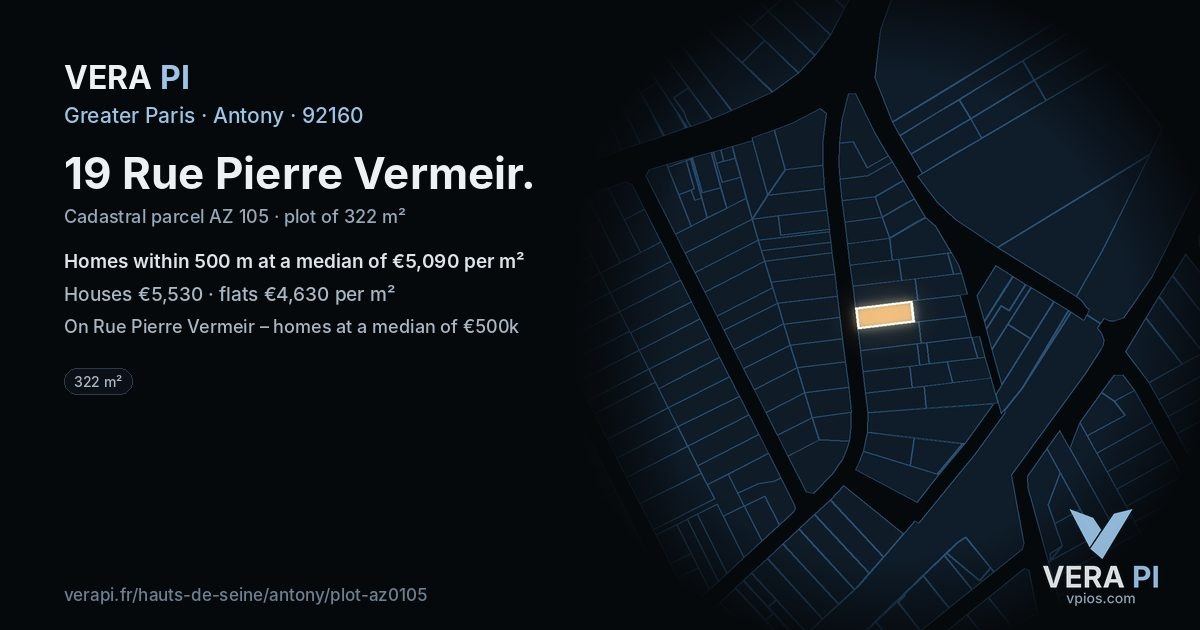 19 Rue Pierre Vermeir, Antony at night – the plot lit, the parcels around coloured by the prices near them