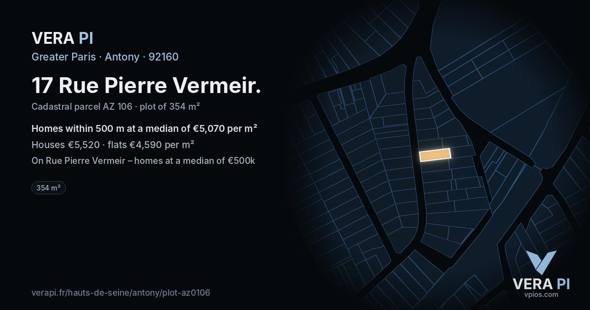 17 Rue Pierre Vermeir, Antony at night – the plot lit, the parcels around coloured by the prices near them