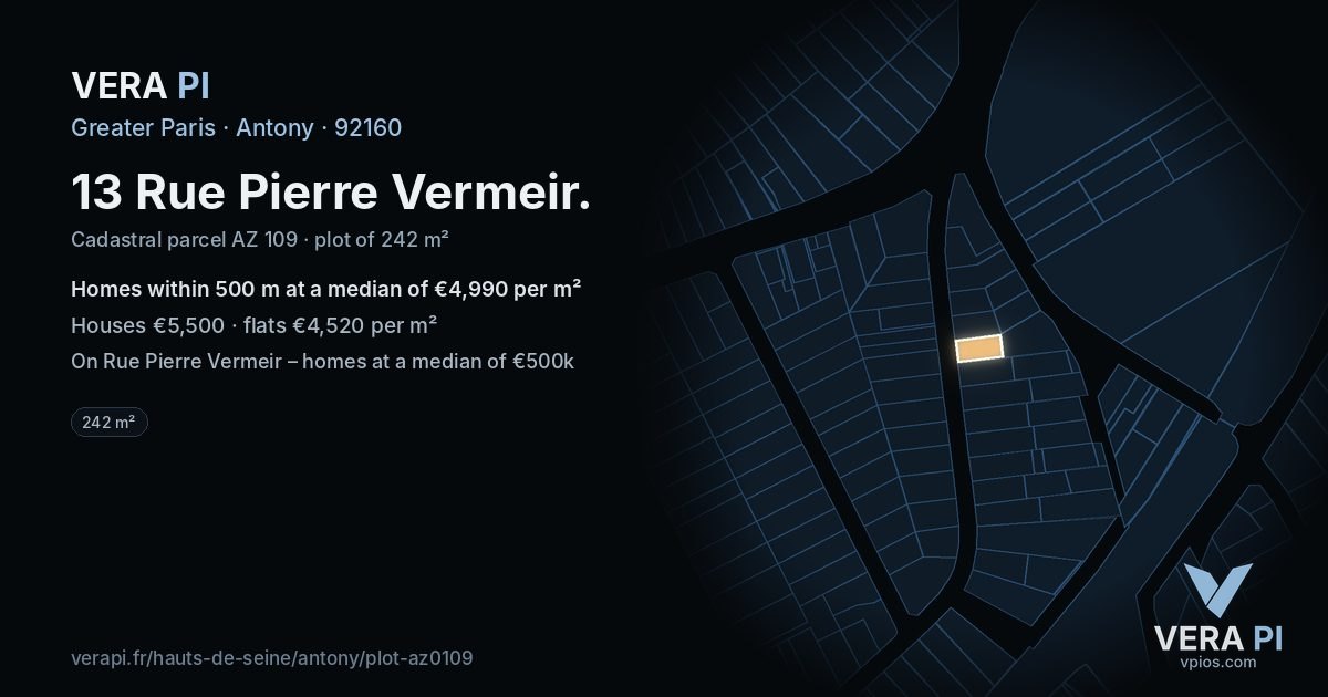 13 Rue Pierre Vermeir, Antony at night – the plot lit, the parcels around coloured by the prices near them
