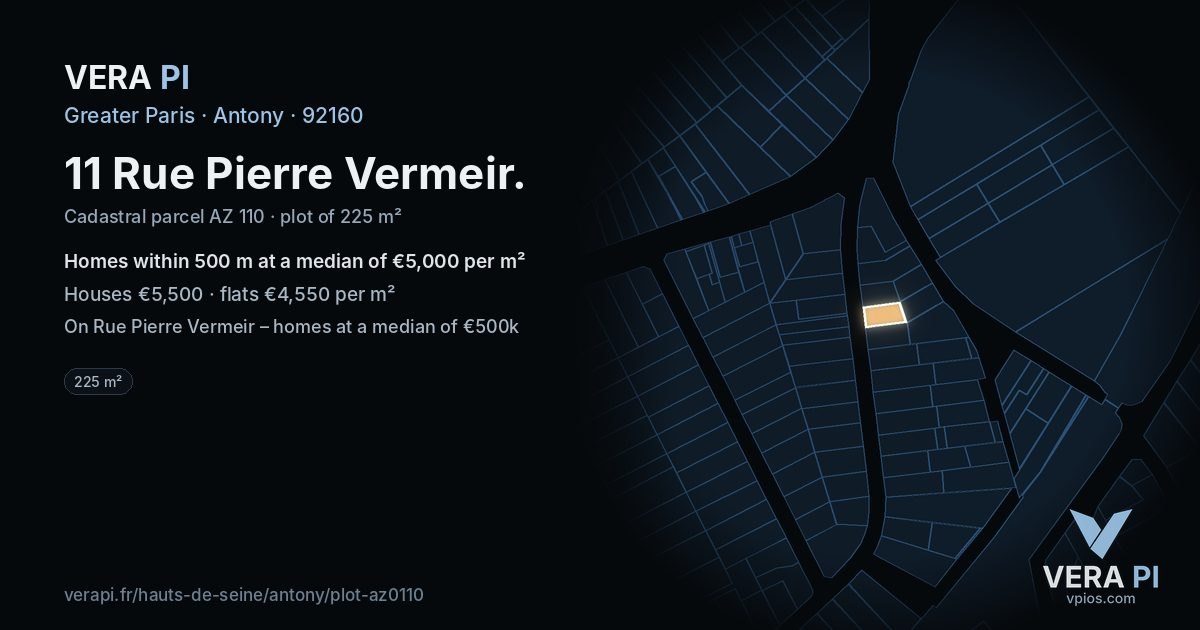 11 Rue Pierre Vermeir, Antony at night – the plot lit, the parcels around coloured by the prices near them