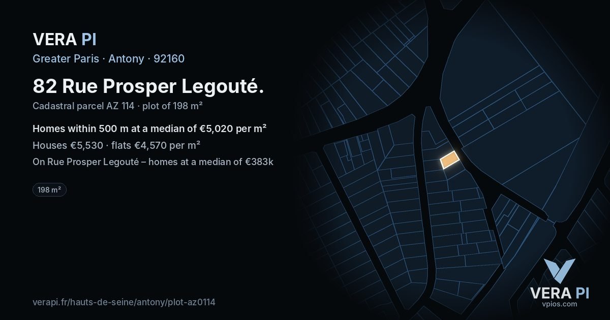 82 Rue Prosper Legouté, Antony at night – the plot lit, the parcels around coloured by the prices near them