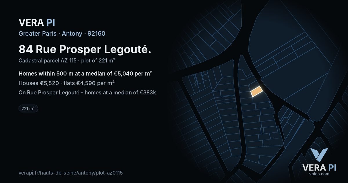 84 Rue Prosper Legouté, Antony at night – the plot lit, the parcels around coloured by the prices near them