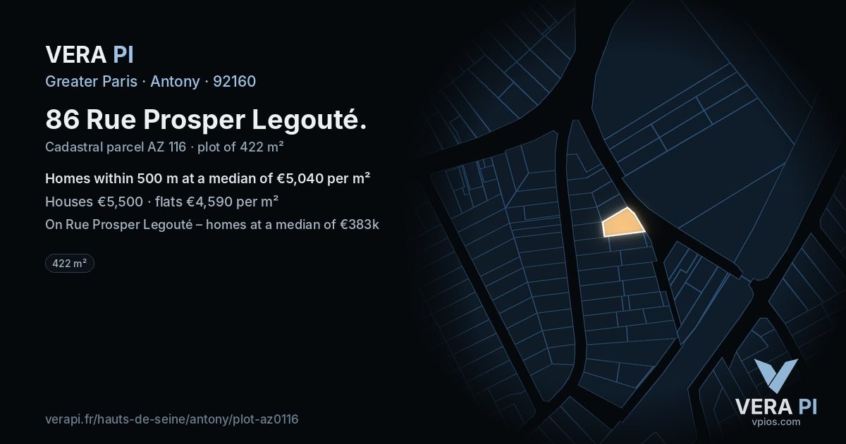 86 Rue Prosper Legouté, Antony at night – the plot lit, the parcels around coloured by the prices near them
