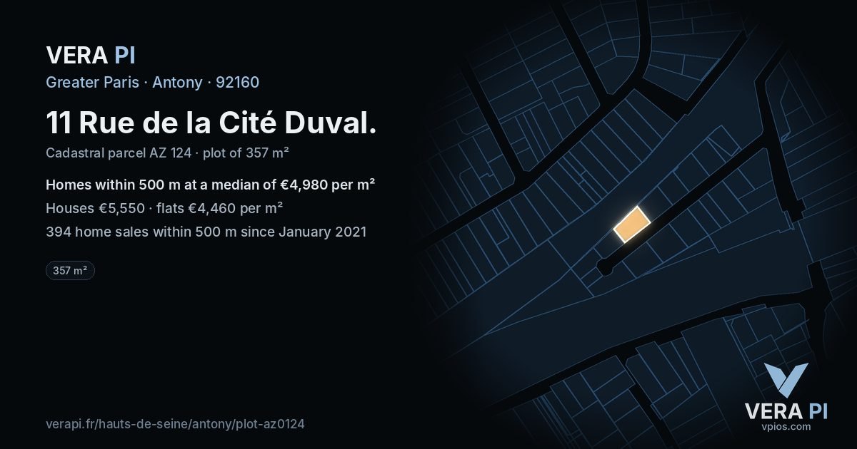 11 Rue de la Cité Duval, Antony at night – the plot lit, the parcels around coloured by the prices near them