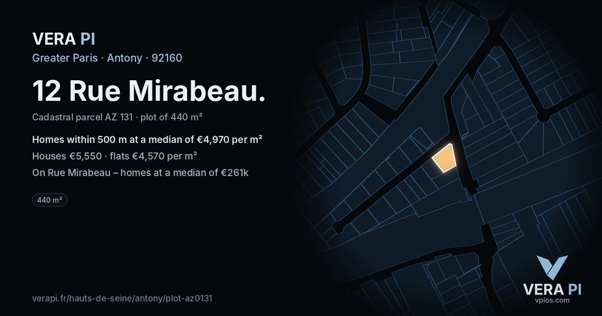 12 Rue Mirabeau, Antony at night – the plot lit, the parcels around coloured by the prices near them