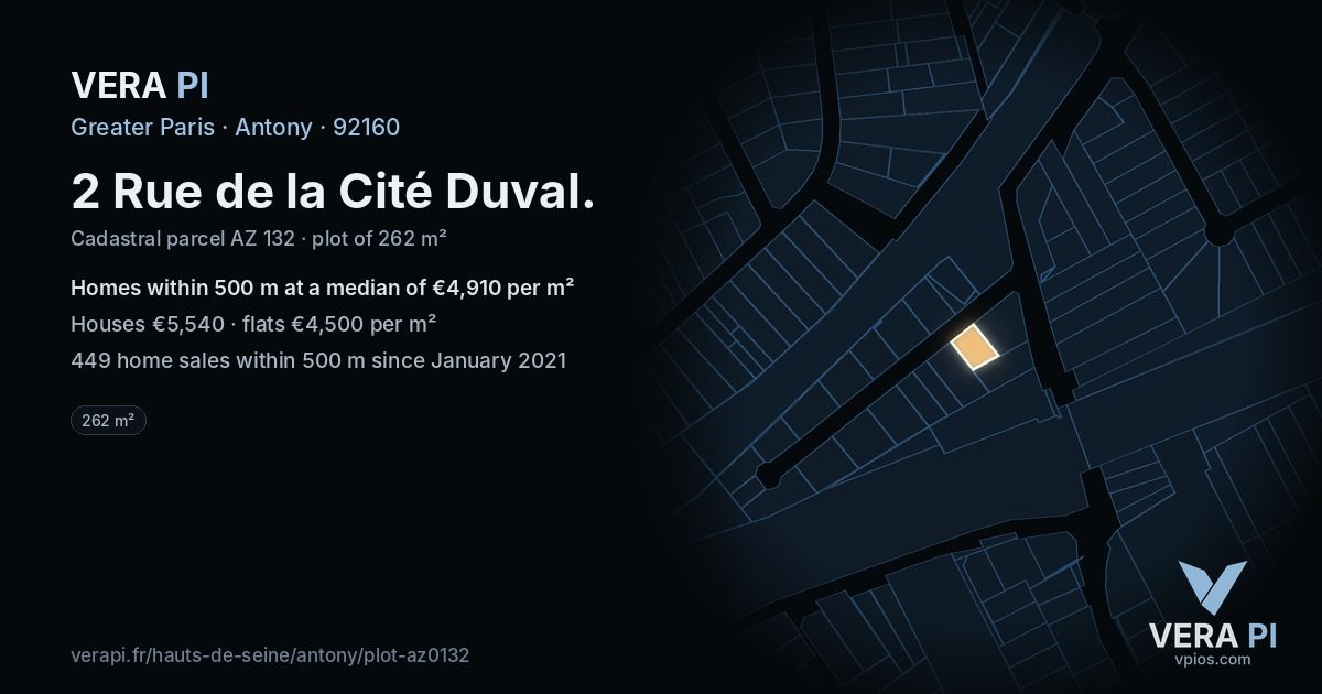 2 Rue de la Cité Duval, Antony at night – the plot lit, the parcels around coloured by the prices near them