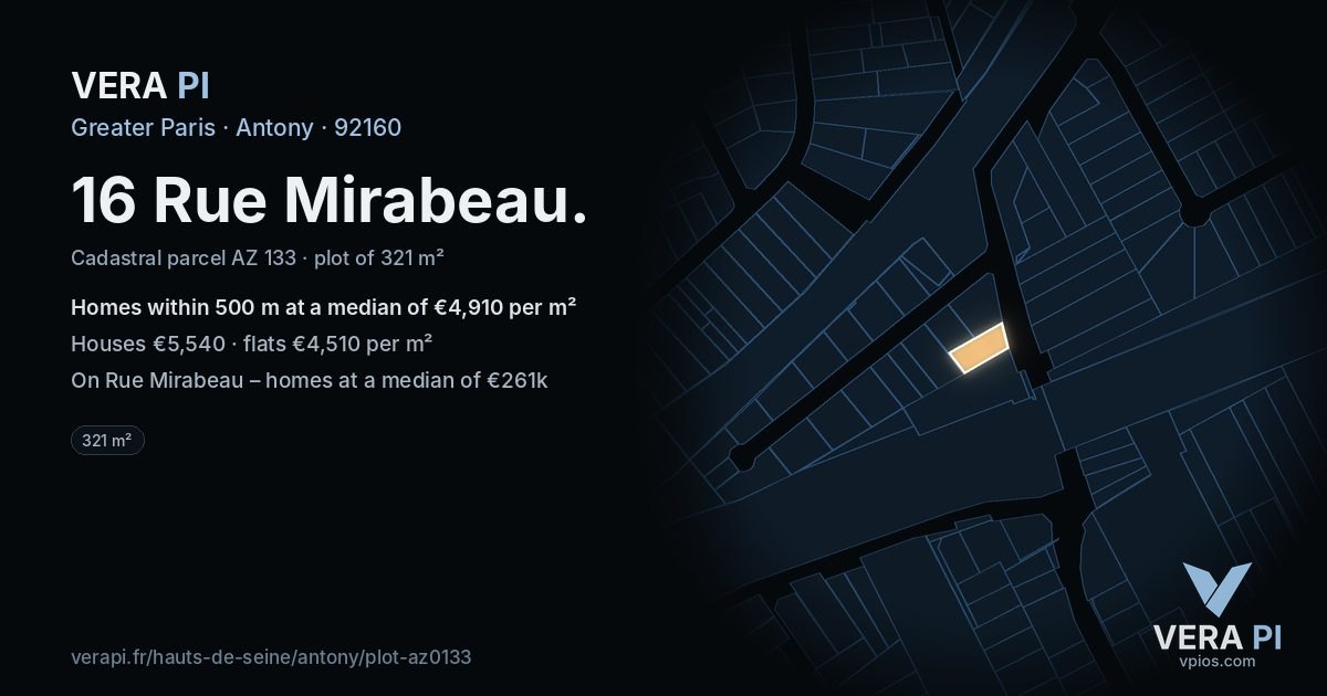 16 Rue Mirabeau, Antony at night – the plot lit, the parcels around coloured by the prices near them