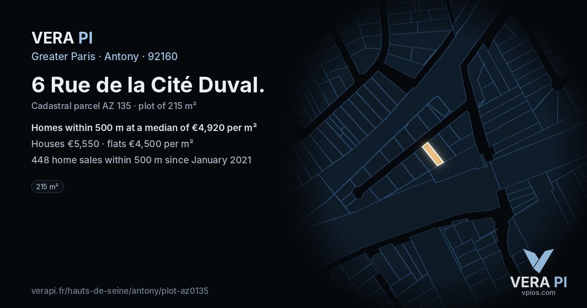 6 Rue de la Cité Duval, Antony at night – the plot lit, the parcels around coloured by the prices near them